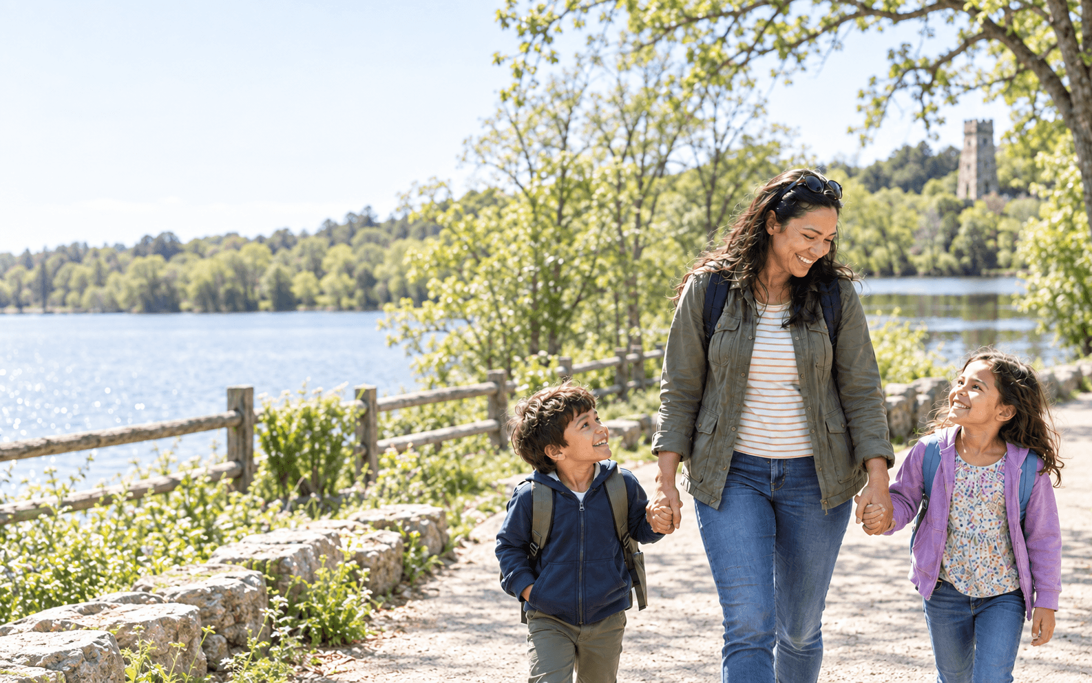 A mother enjoying a lakeside walk with two children